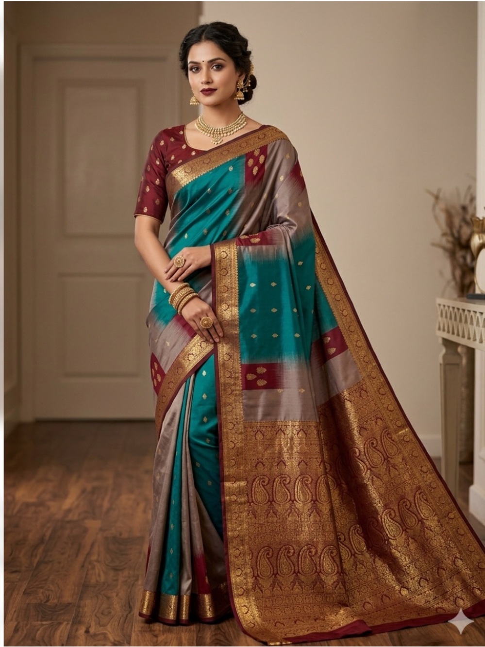 Teal and Maroon Women's  kanjivaram silk Saree  with Gold zari